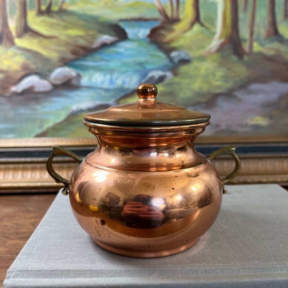 Antique mini copper pot with brass handles